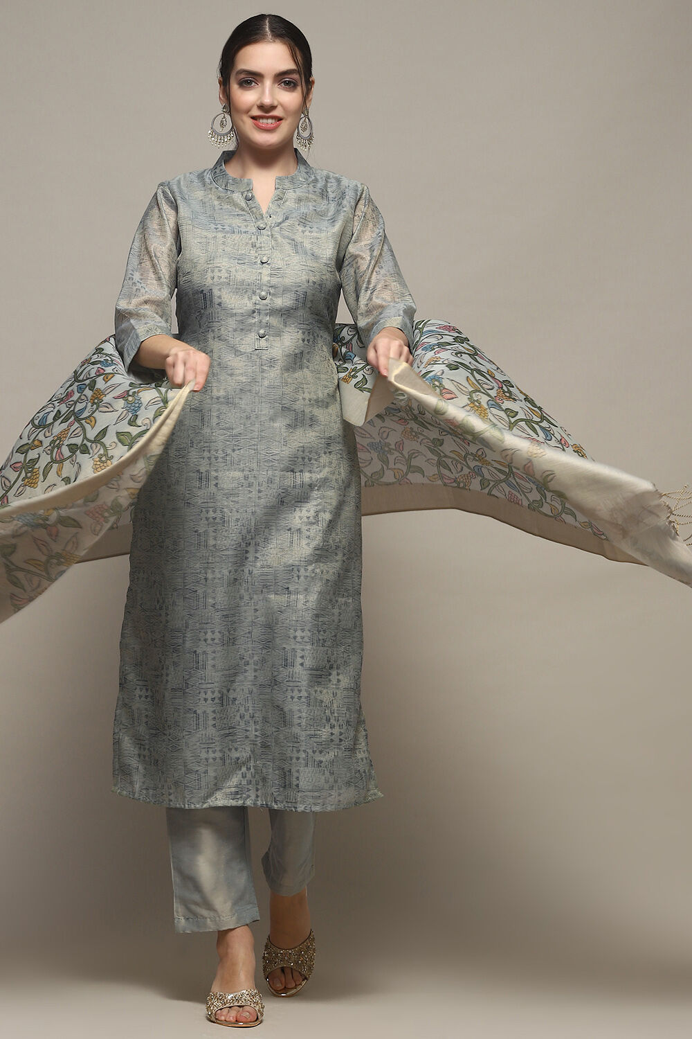 Earthy Blue Tissue Unstitched Suit set image number 1