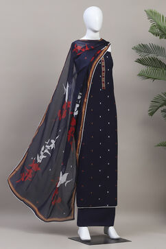 Navy Blue Cotton Unstitched Suit Set image number 4