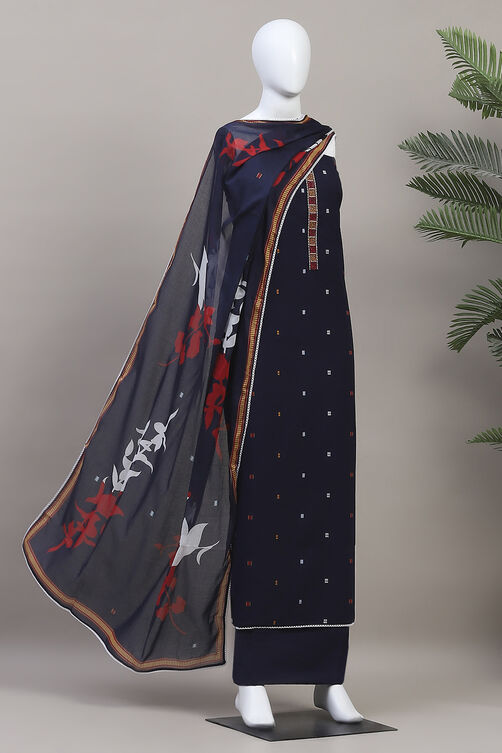 Navy Blue Cotton Unstitched Suit Set image number 4