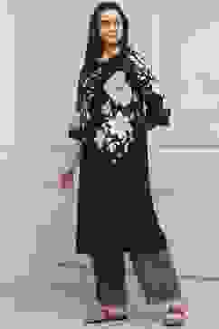 Black Cotton Floral Printed Straight Kurta Set image number 3