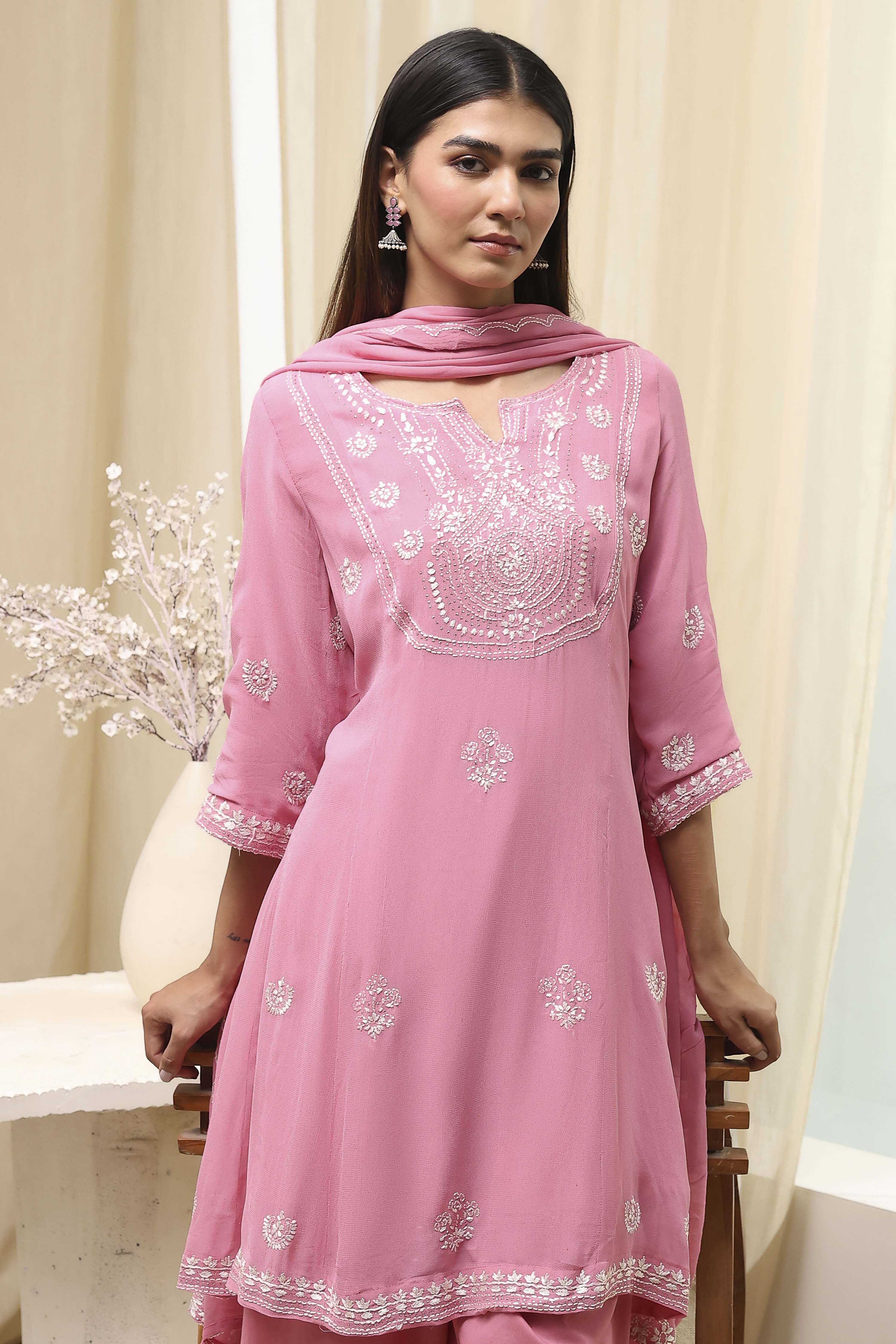 Pink Embroidered Kalidar Suit Set image number 0