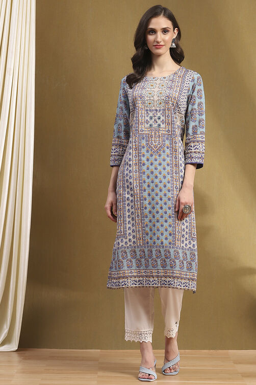 Blue Cotton Printed Straight Kurta image number 5