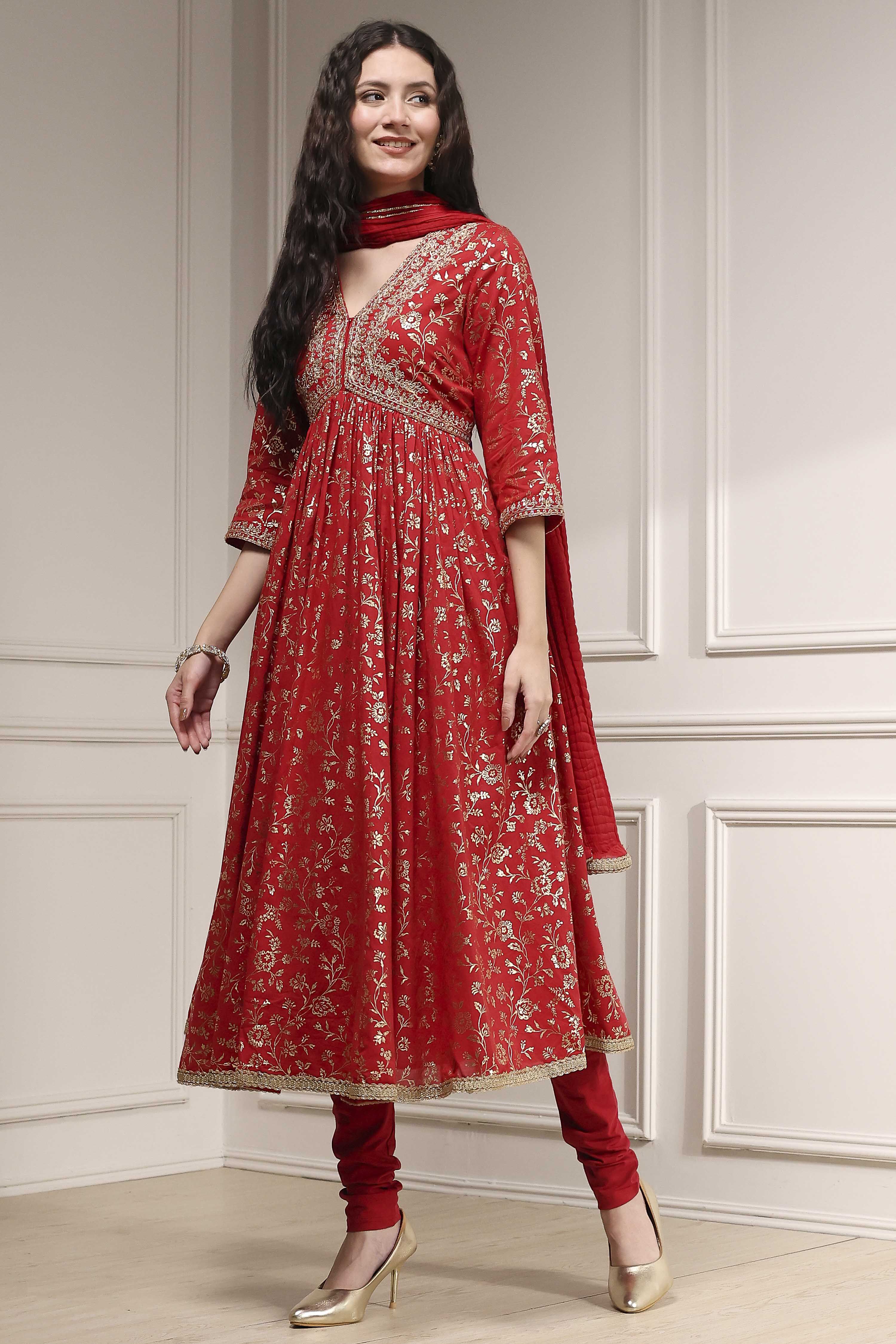 Red Cotton Foil Printed Anarkali Suit Set image number 3