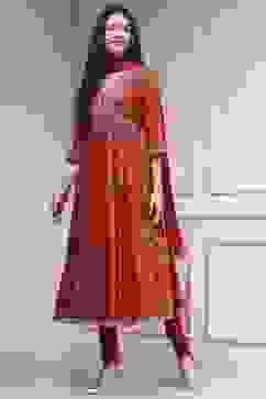 Red Cotton Foil Printed Anarkali Suit Set image number 3