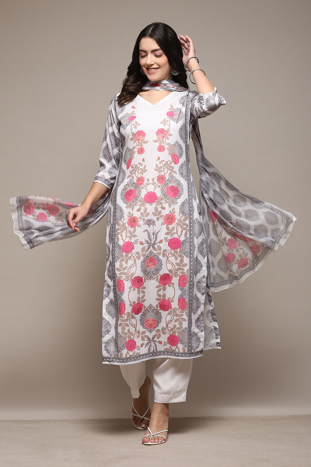 White Silk Blend Digital Print Unstitched Suit Set image number 1