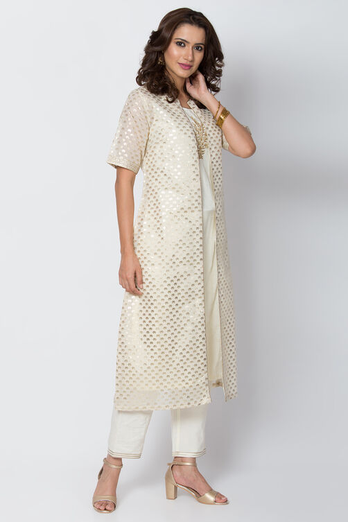 Cream Poly Cotton Front Open Kurta Pant Suit Set image number 3
