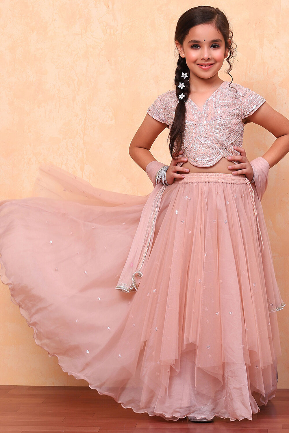 Peach-Toned Poly Chanderi Embellished Straight Lehenga Set image number 0
