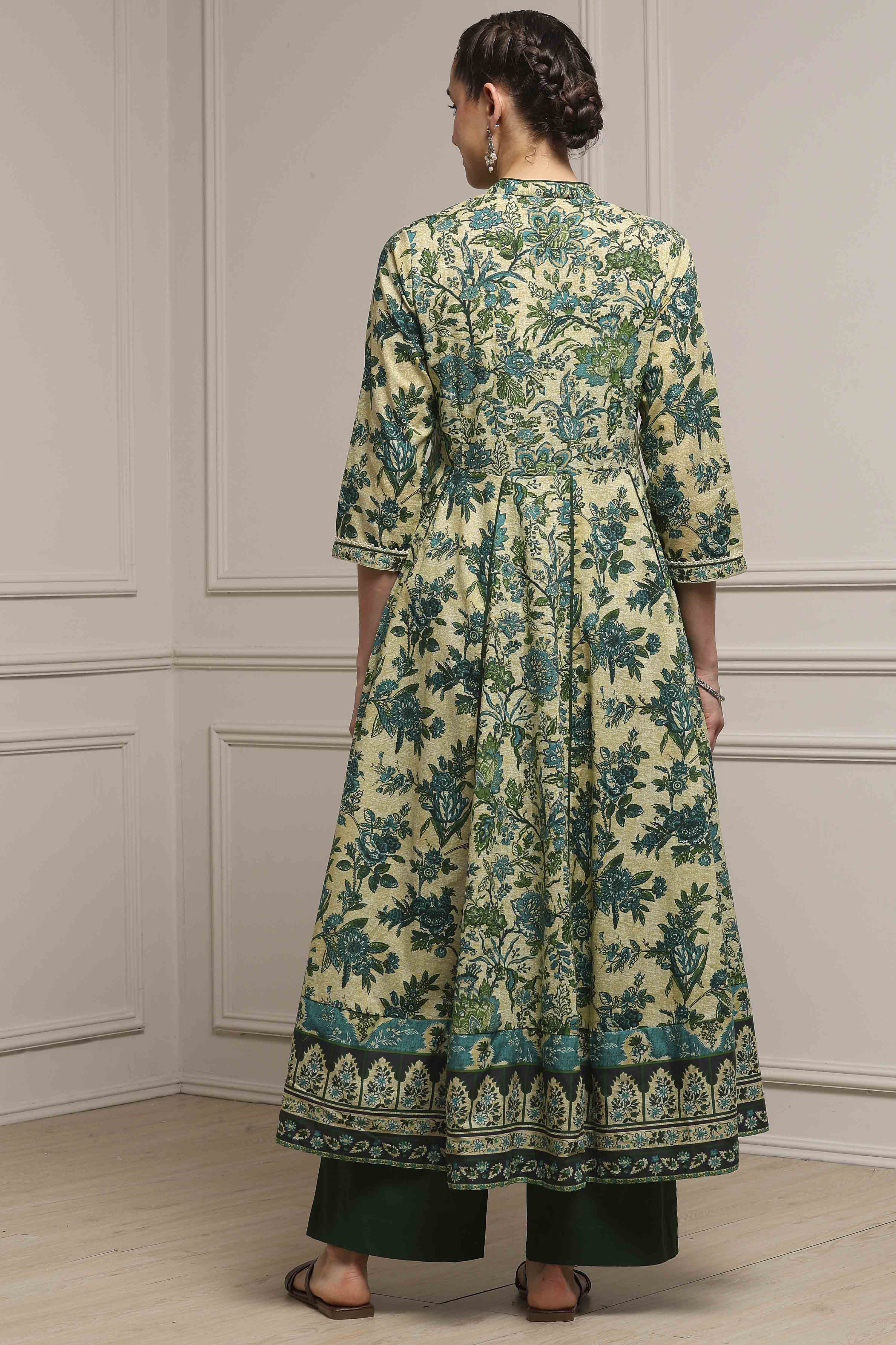 Beige and Green Cotton Printed Anarkali Suit Set image number 4