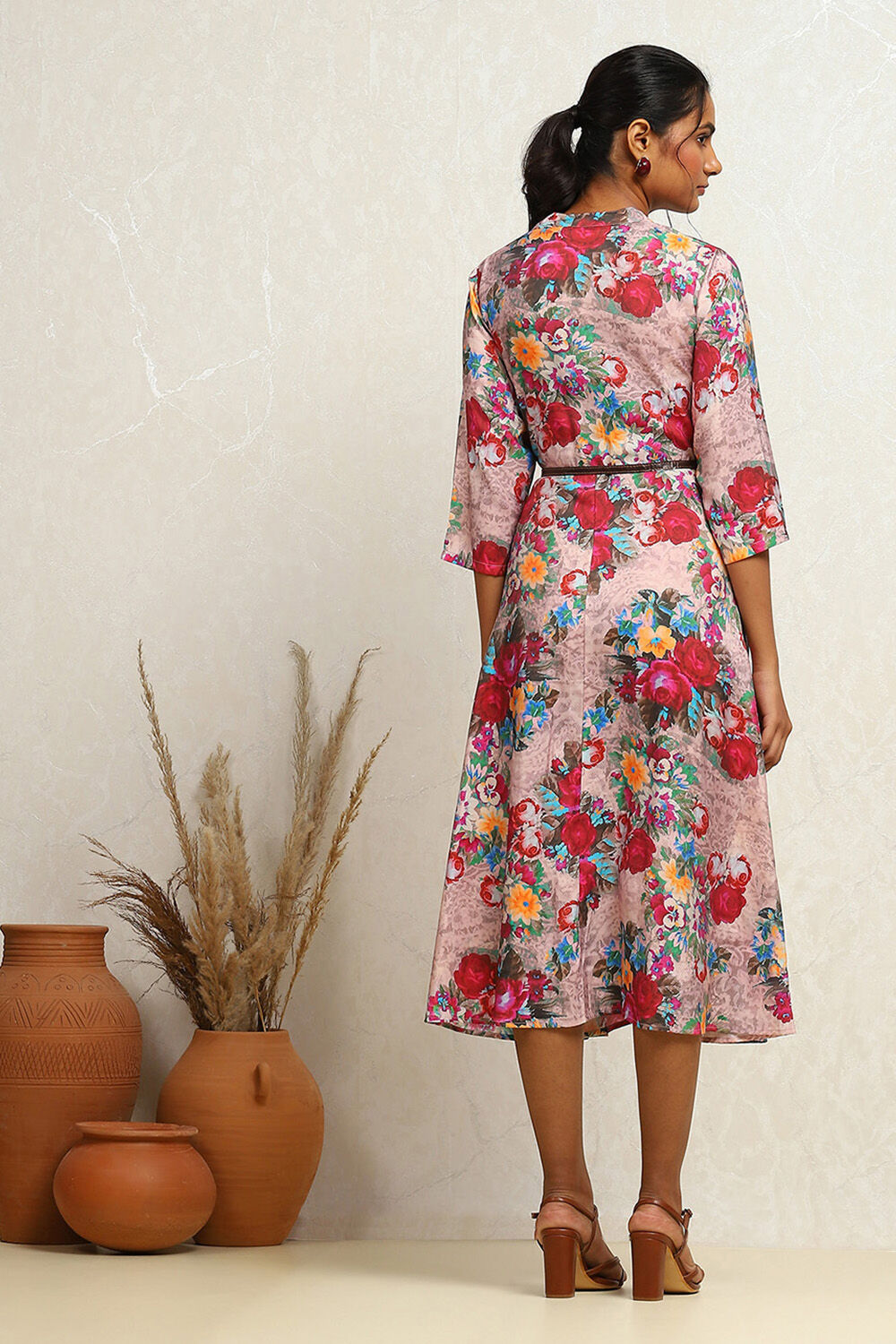 Grey Floral Printed A-Line Dress image number 3