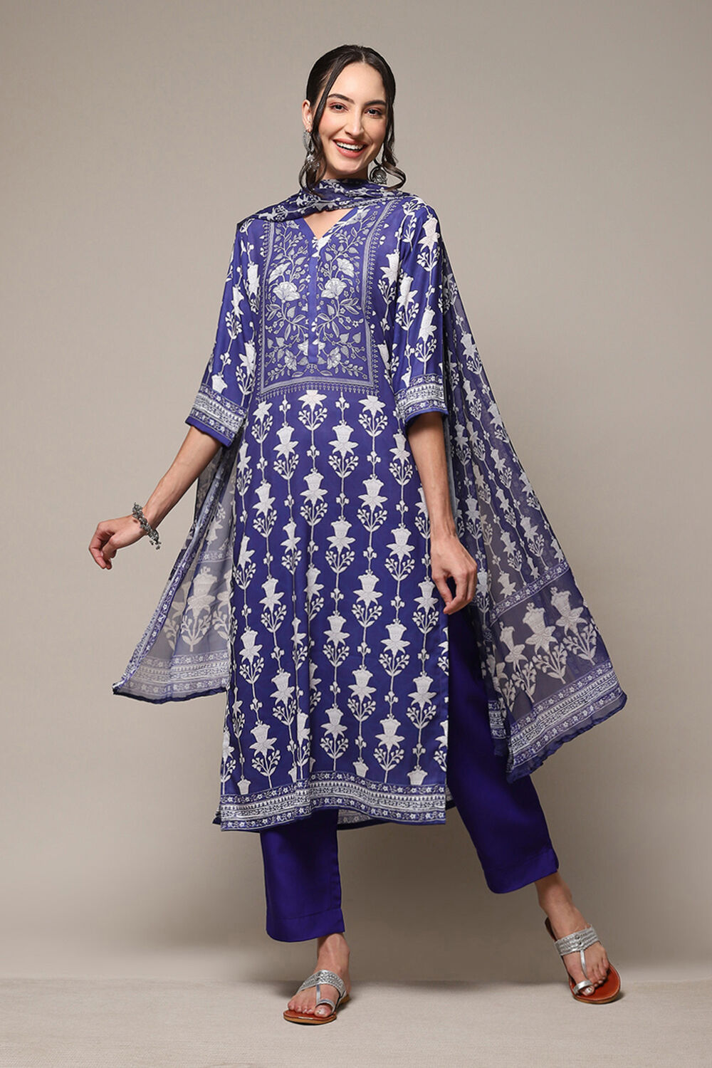 Indigo Chanderi Silk Unstitched Suit Set image number 1