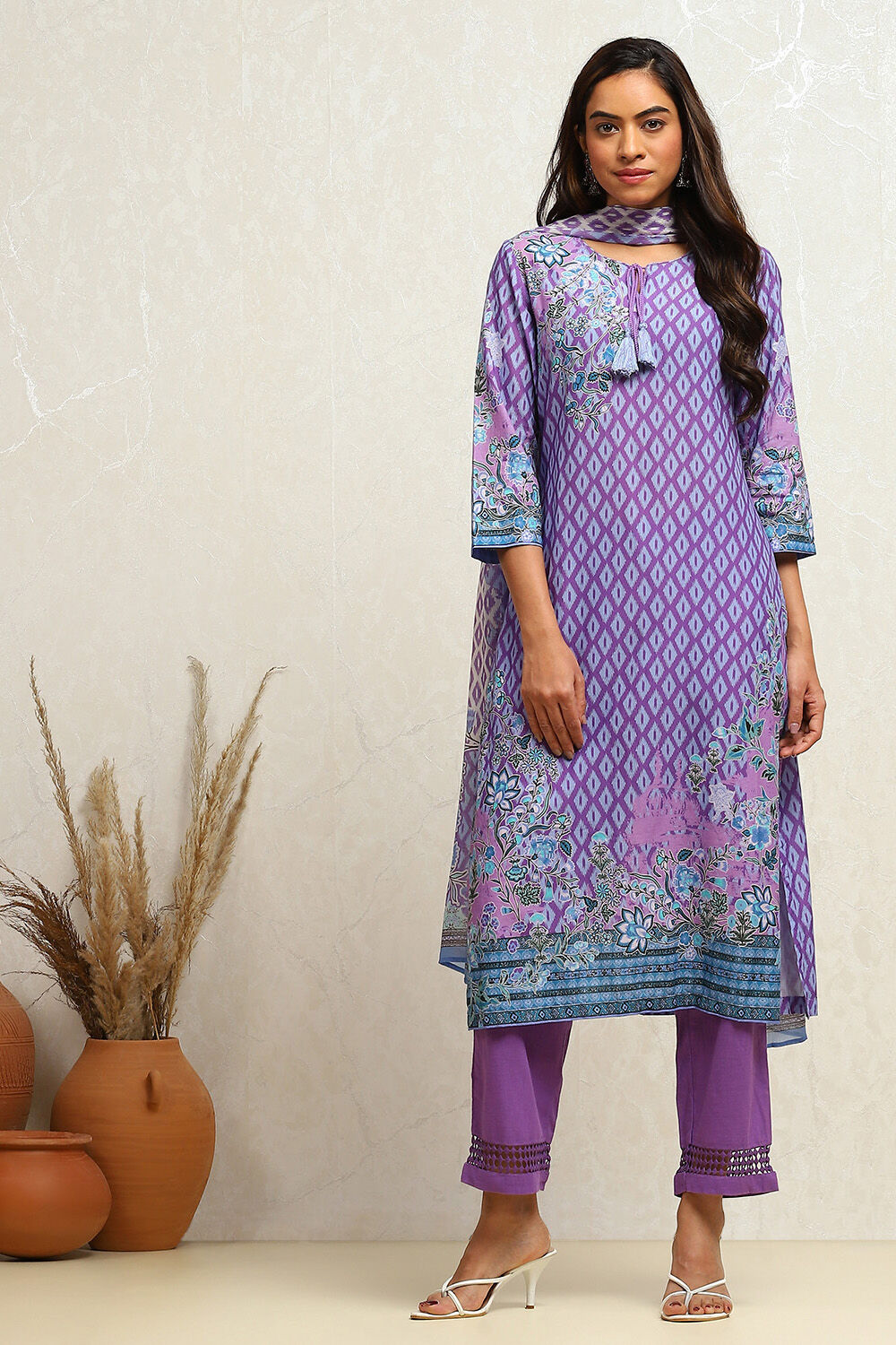 Purple Cotton Printed Straight Suit Set image number 0