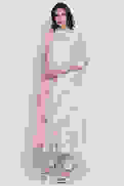 Off White Poly Cotton Flared Kurta Churidar Suit Set image number 2