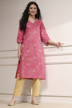 Pink Cotton Straight Printed Kurta image number 0