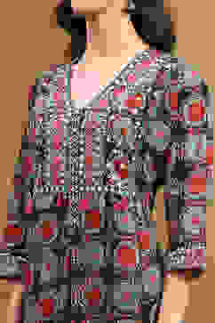 Black Cotton Printed Kalidar Kurta Set image number 1