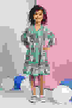 Green Printed Gathered Flared Dress image number 5