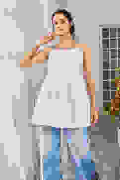 White Cotton Embroidered Gathered Top image number 2