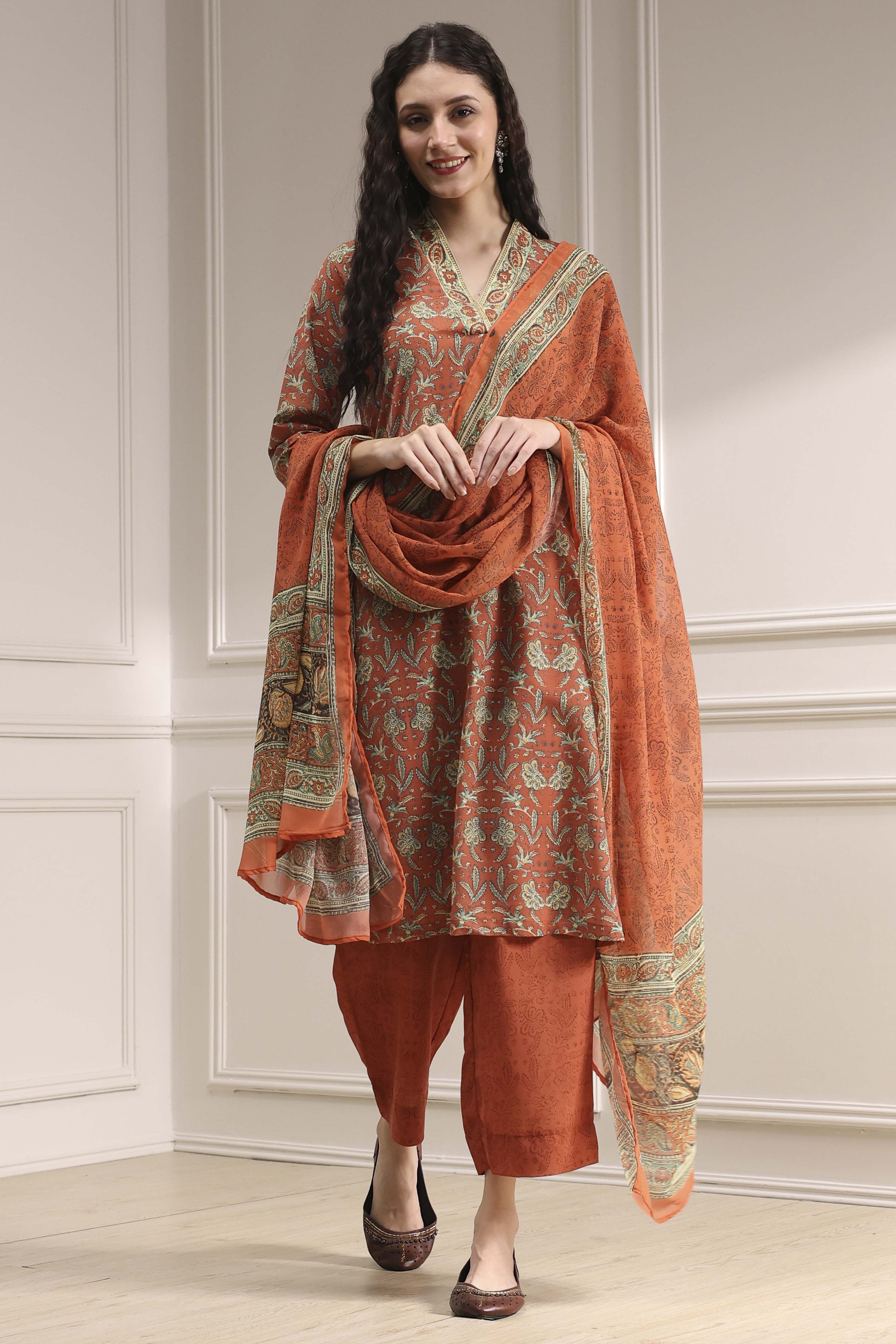 Rust Printed Straight Suit Set image number 0