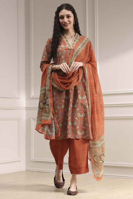 Rust Printed Straight Suit Set