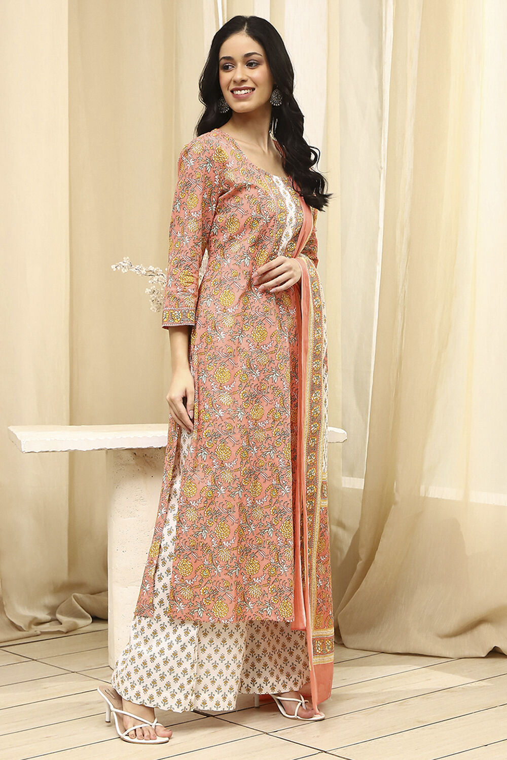 Peach and White Cotton Screen Print Unstitched Suit Set image number 5