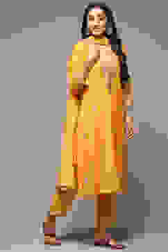 Yellow Cotton Blend Straight Kurta Pants Suit Set image number 0