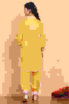 Yellow Cotton Embroidered Straight Kurta Set image number 4