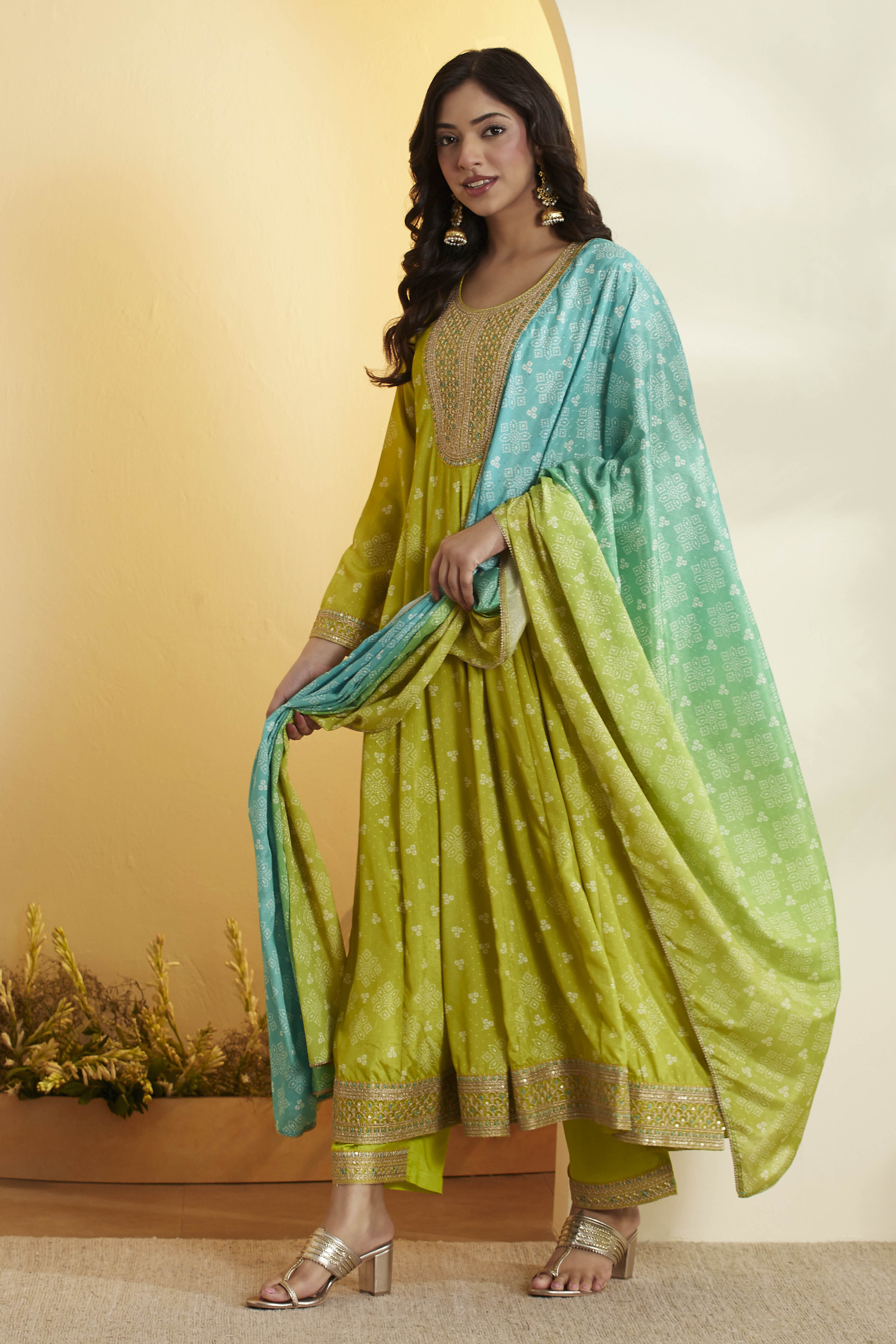 Llime Green Poly Chinnon Anarkali Suit Set image number 3