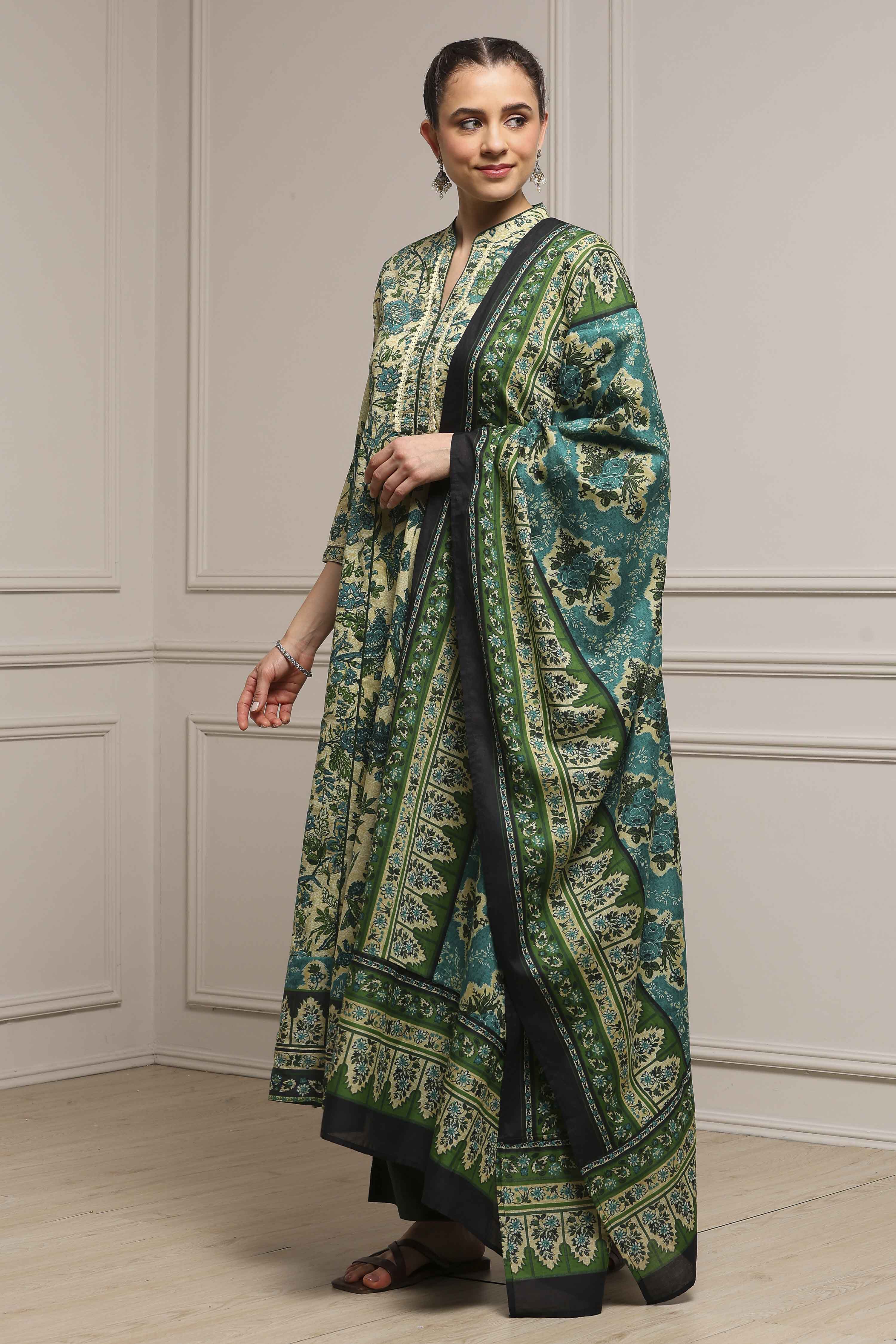 Beige and Green Cotton Printed Anarkali Suit Set image number 3