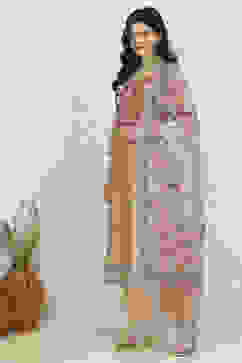 Beige Chanderi Hand Embroidered Unstitched Suit Set image number 4