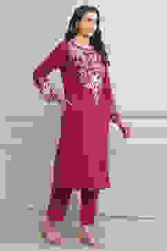 Fuchsia Polyester Embroidered Straight Kurta image number 4