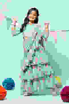 Turquoise Polyester Short Kurta Printed Lehenga Set image number 0