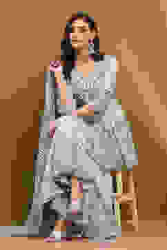 Aqua Blue Cotton Floral Printed Peplum Flared Suit Set image number 0