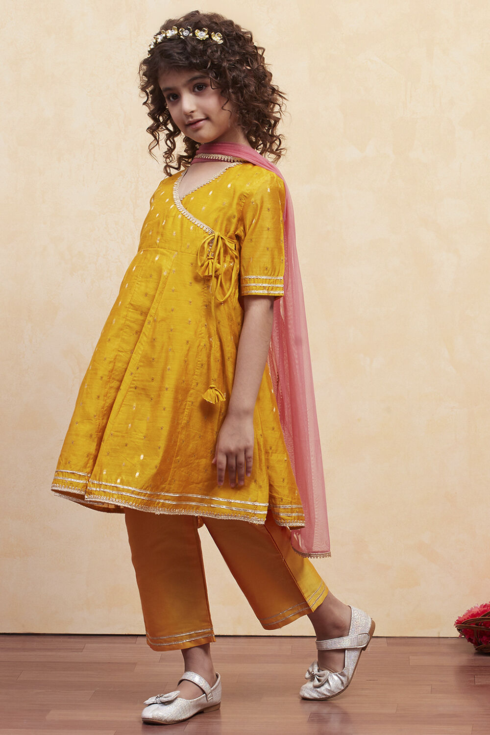 Yellow Yarn Dyed Angrakha Anarkali Suit Set image number 3