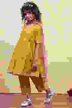 Yellow Yarn Dyed Angrakha Anarkali Suit Set image number 3