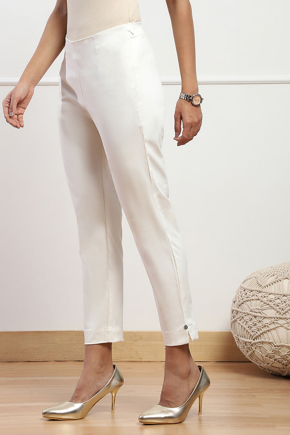Beige Cotton Blend Slim Pant image number 2
