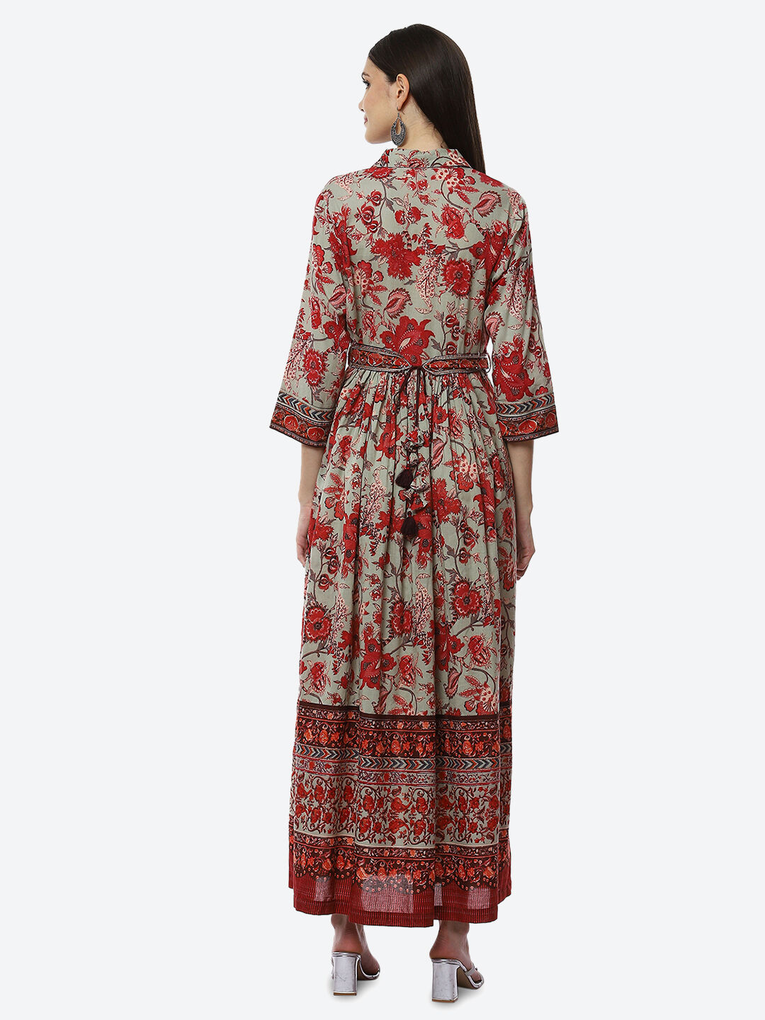 Green Cotton Flared Printed Dress image number 4