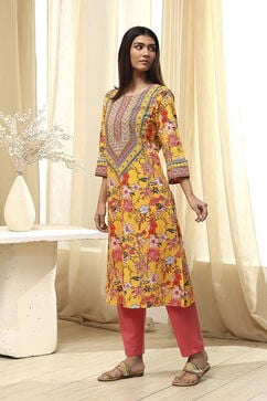 Yellow Pure Cotton Floral Straight Kurta image number 2