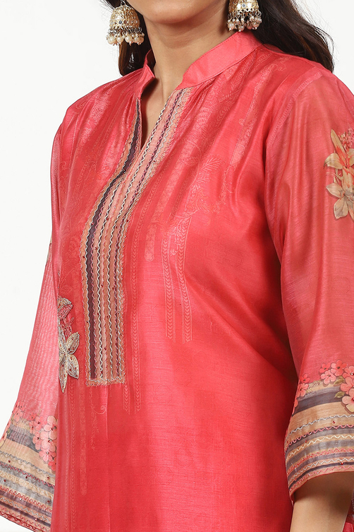 Blue Chanderi Floral Printed Unstitched Suit Set image number 1