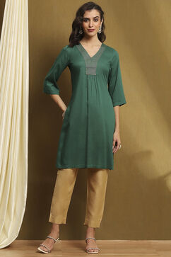 Bottle Green Solid Gathered Straight Kurta image number 5