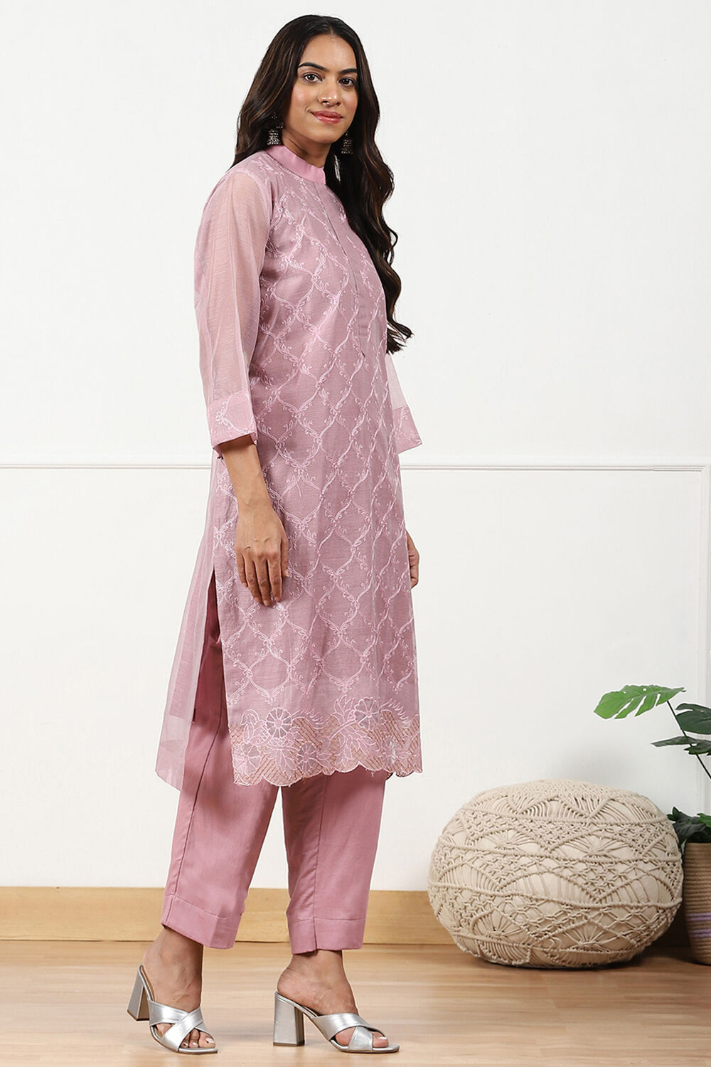 Grey Floral Thread Work Unstitched Suit Set image number 5