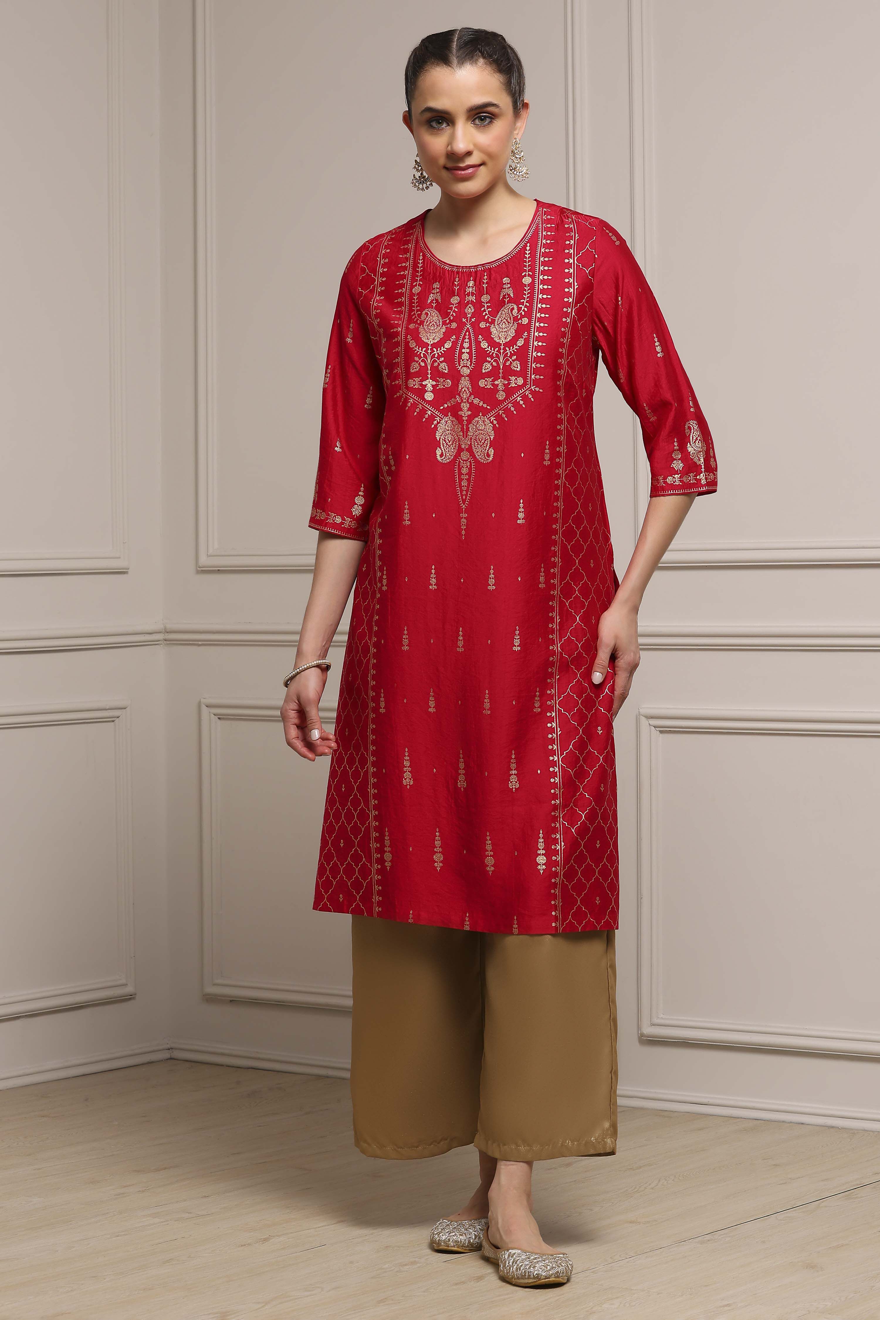 Red Art Silk Printed Straight Kurta image number 5