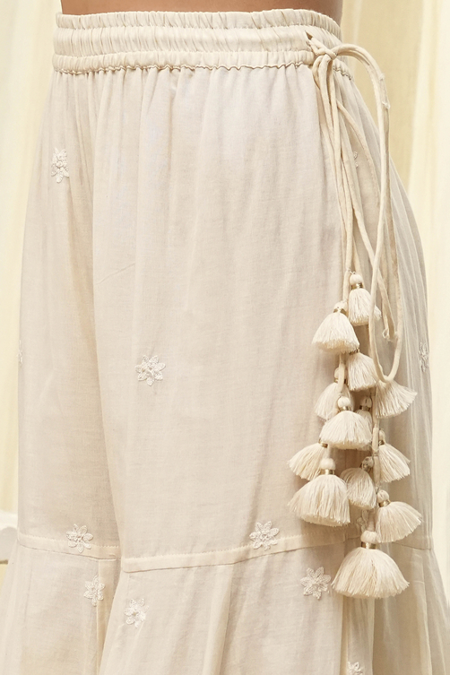 Off-White Cotton Embroidered Flared Suit Set image number 2