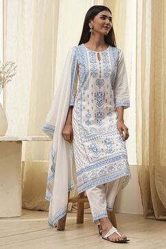 Off-White and Blue Cotton Straight Suit Set image number 0