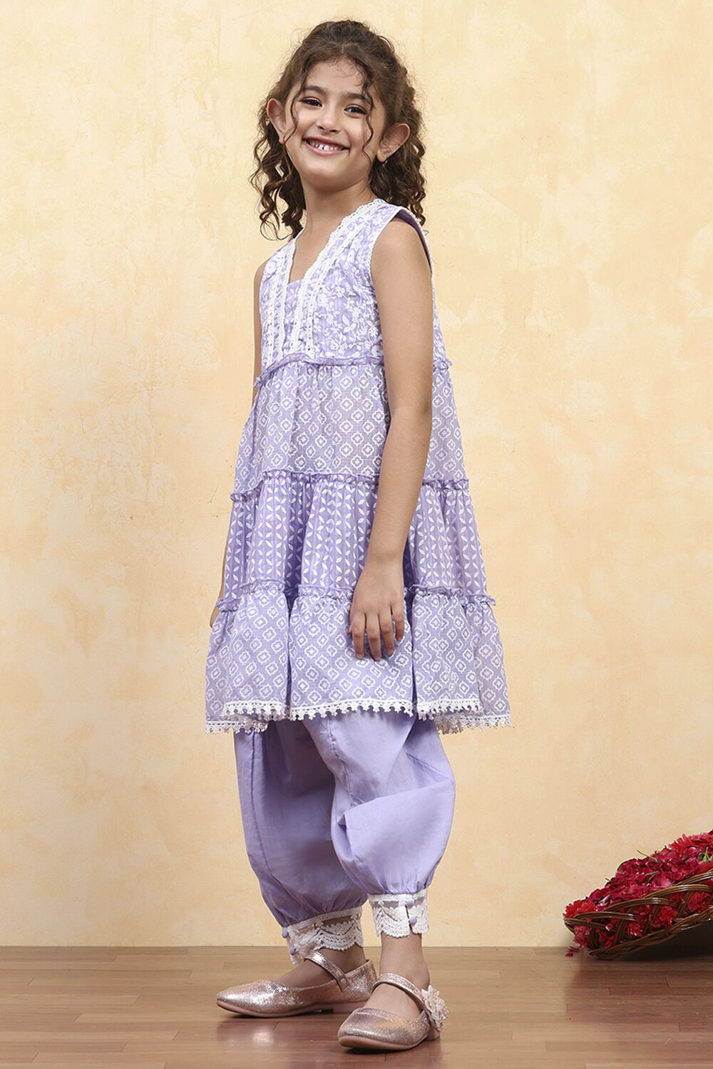 Purple Cotton Tiered Printed Kurta Salwar Set image number 3