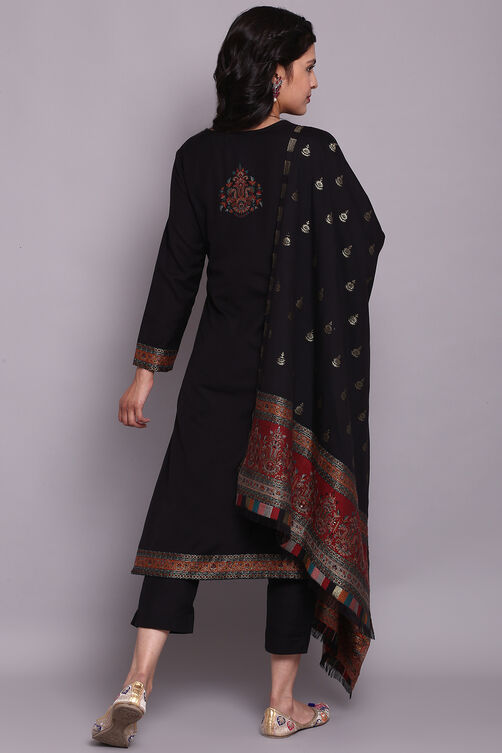 Black Woolen A-Line Kurta Narrow Pants Suit Set image number 7