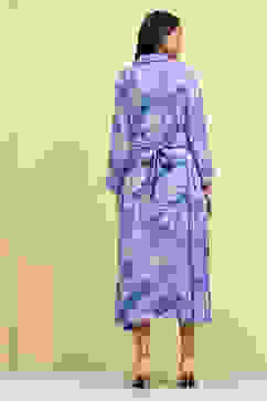 Blue Floral Printed Shirt Style A-line Dress image number 3