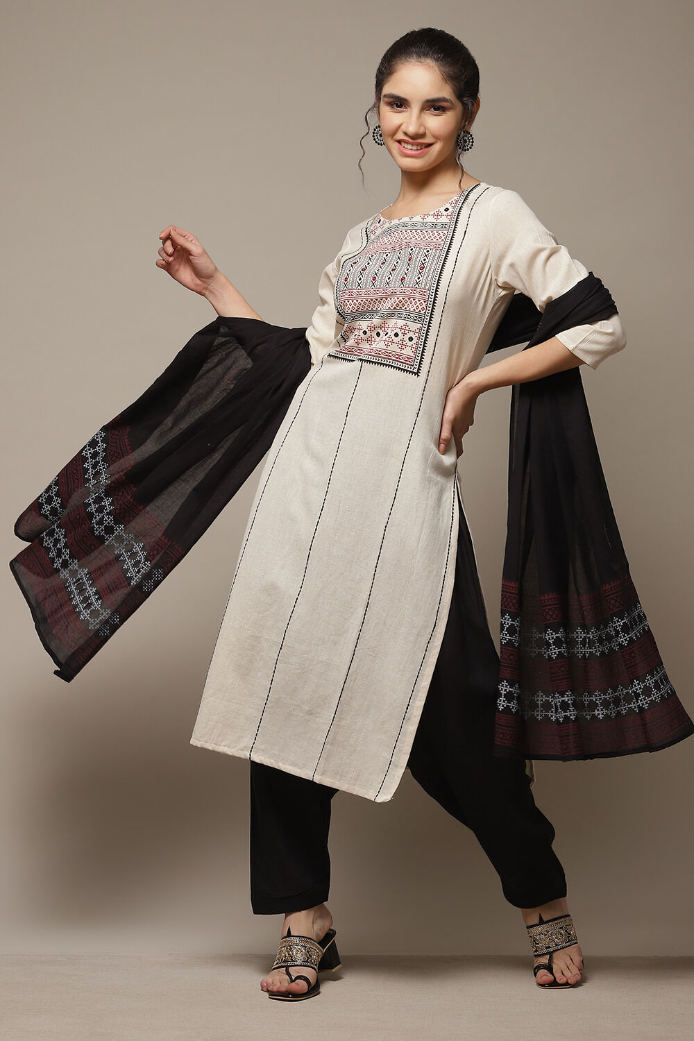 Black Flex Machine Embroidered Unstitched Suit Set image number 0