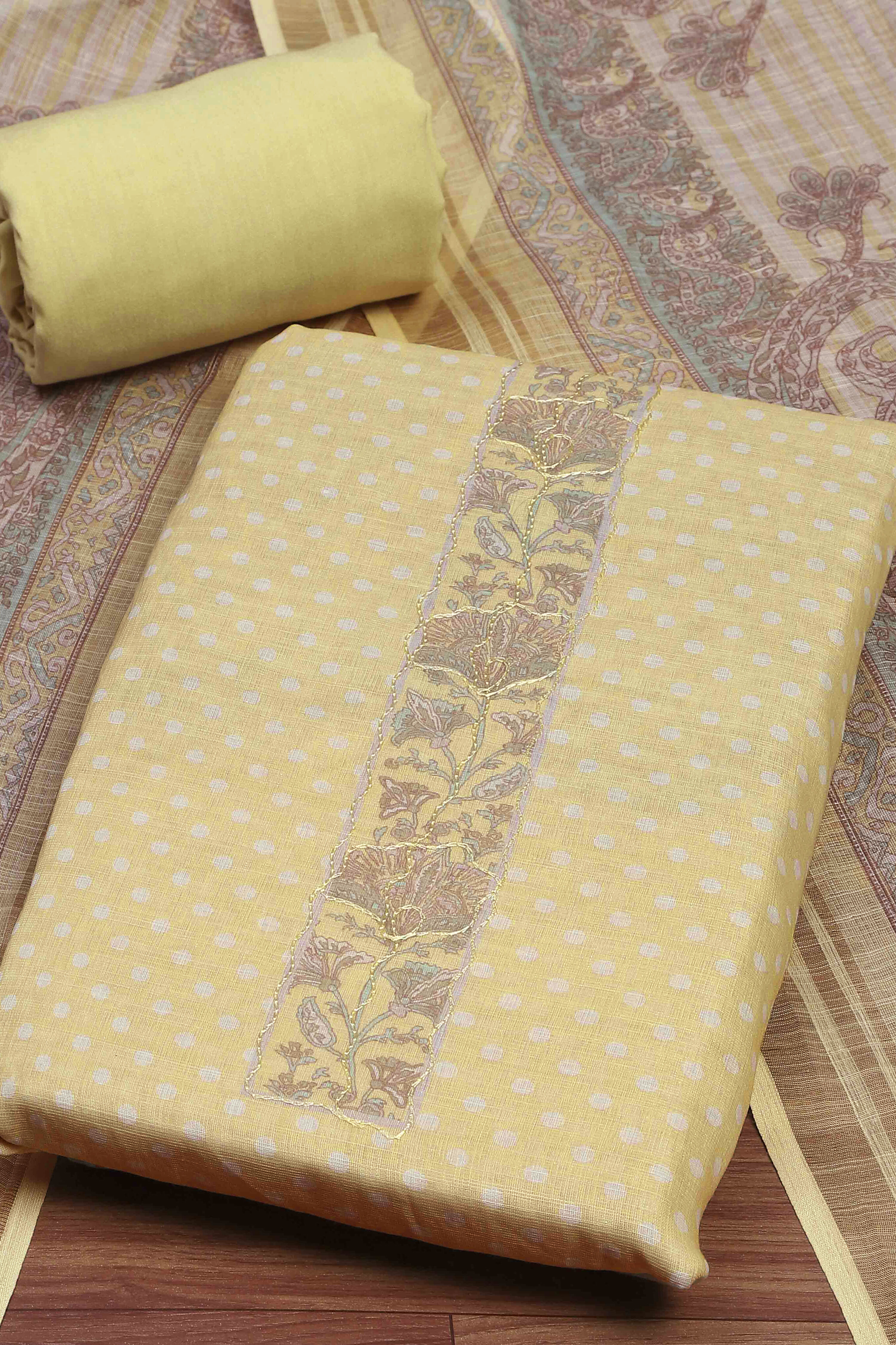 Yellow Linen Unstitched Suit Set image number 1