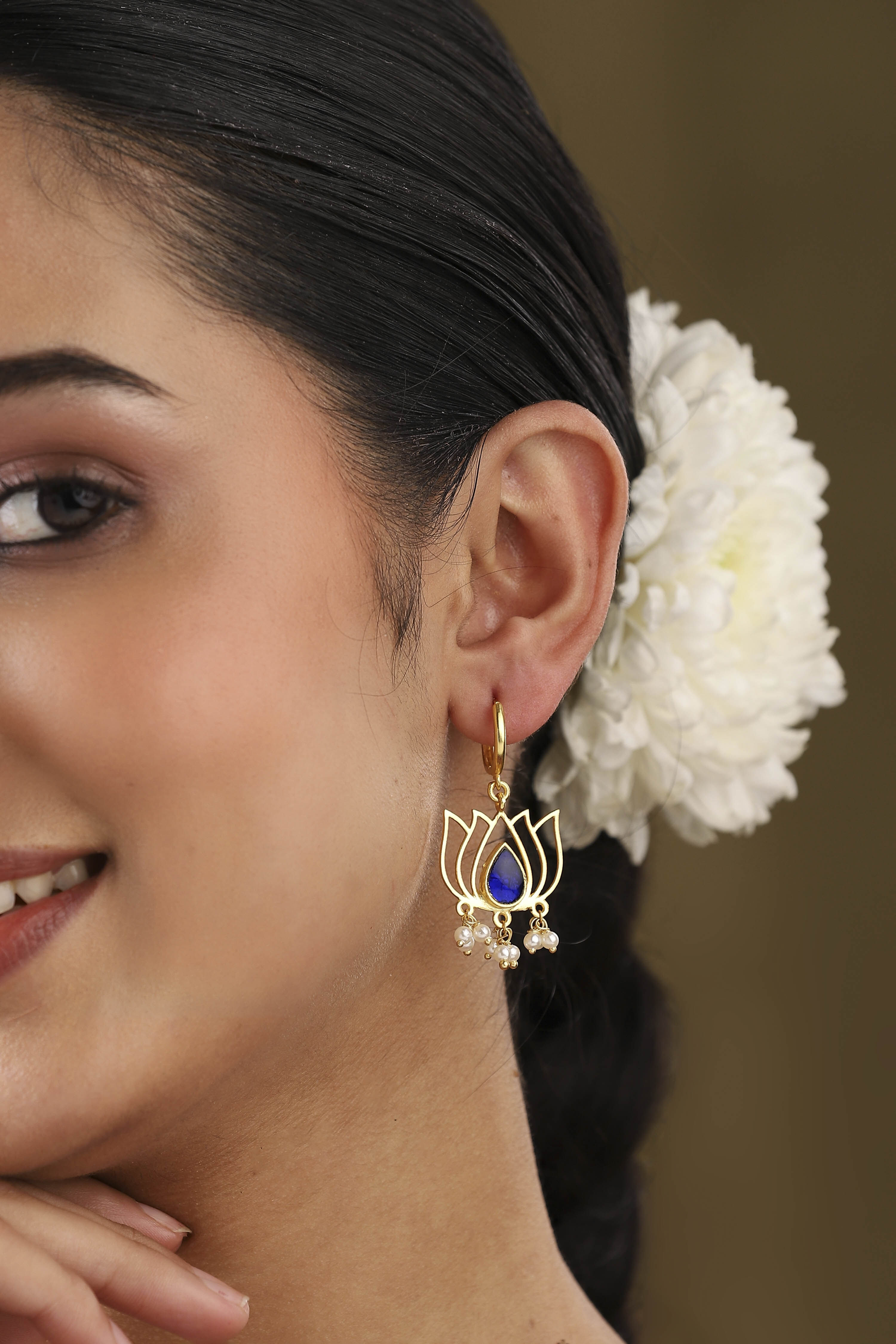 Navy Blue Gold Plated Brass Floral Drop Earrings image number 1