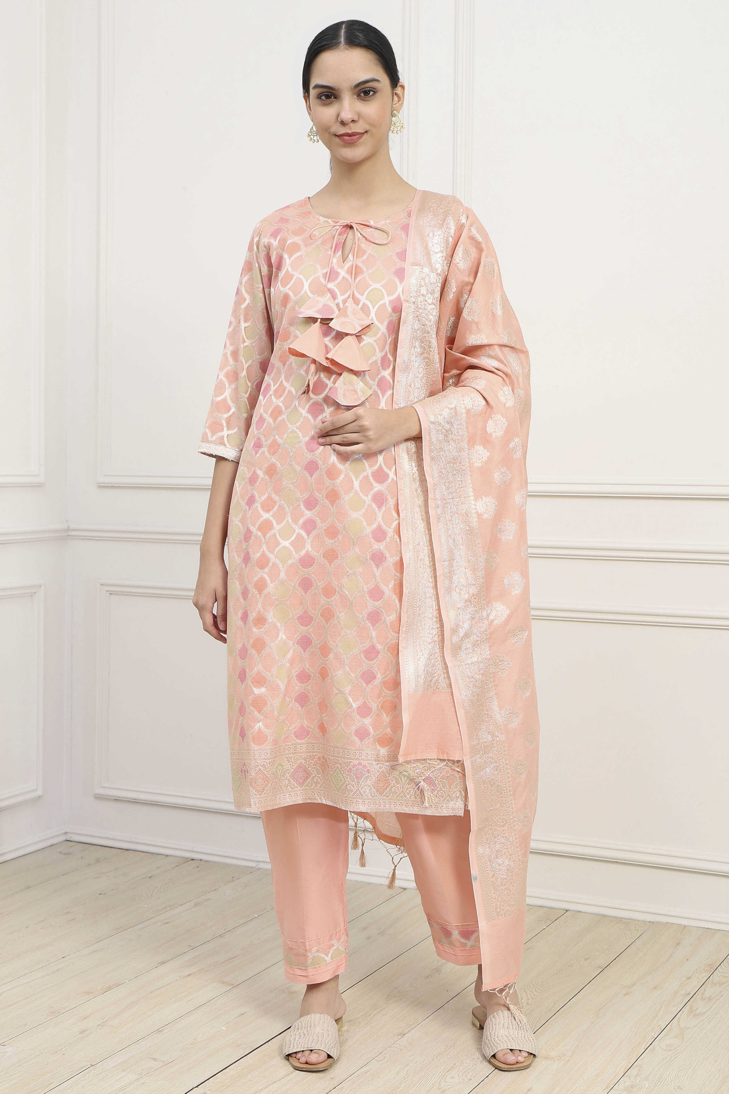 Peach Chanderi Blend Banarasi Unstitched Suit Set image number 1