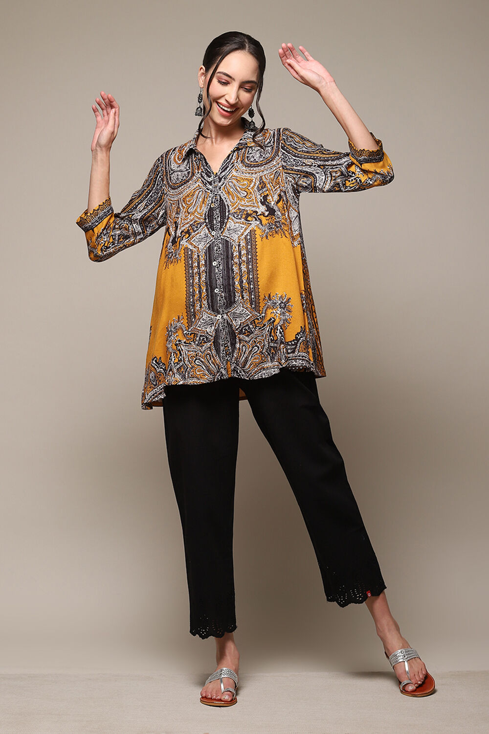 Mustard LIVA Straight Printed Shirt image number 0